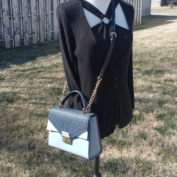 Michael Kors Navy Blue Color Block Logo Sloan Medium Top Handle Satchel - Picture 3 of 16